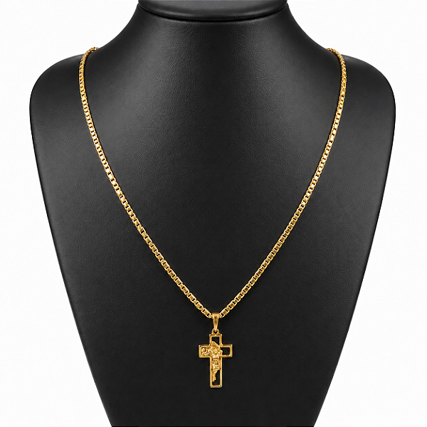 Cordão Italiano PIASTRINE 3mm Banhado a OURO 18K + Pingente Crucifixo Vazado