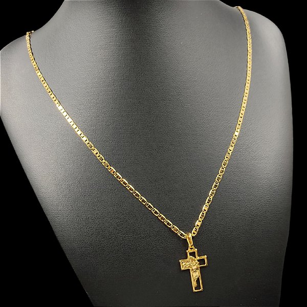 Cordão Italiano PIASTRINE 3mm Banhado a OURO 18K + Pingente Crucifixo Vazado