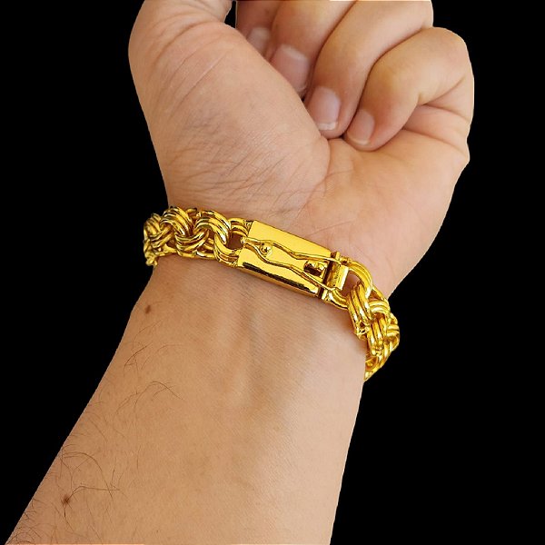 Pulseira 12mm Friso Triplo com Fecho Gaveta e Trava Banhado a Ouro 18K