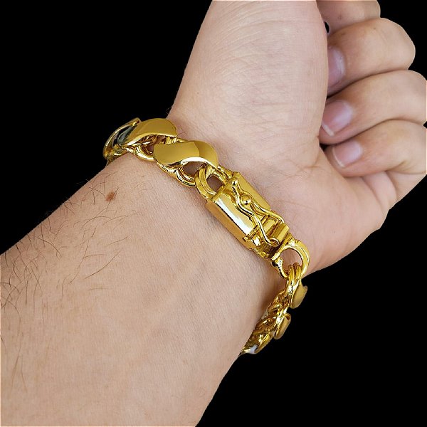 Pulseira 13mm Friso S com Fecho Gaveta e Trava Banhado a Ouro 18K
