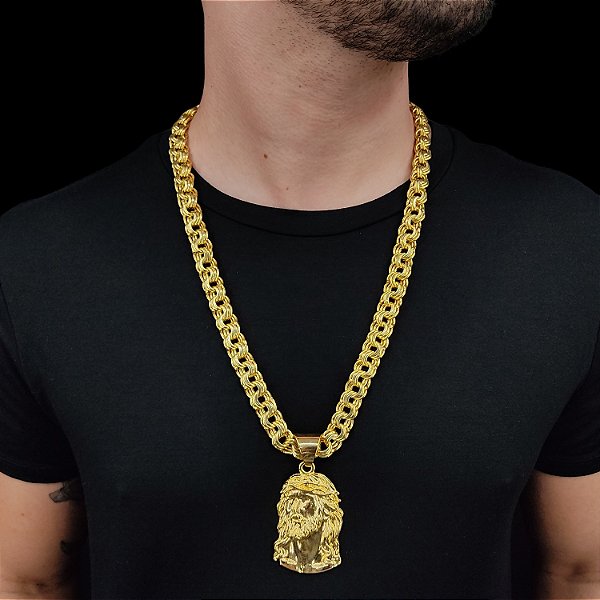 Cordão Friso TRIPLO Banhado a Ouro 18K com Pingente Face de Jesus