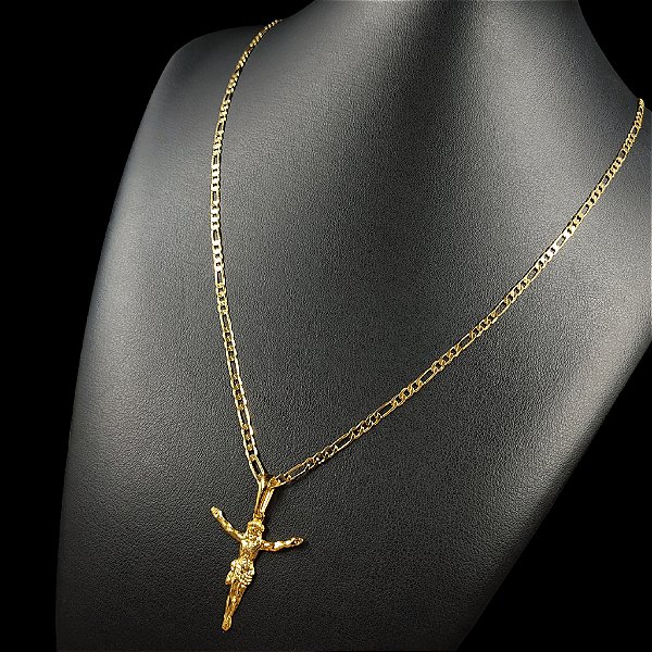Corrente 3mm Elos 3X1 com Fecho Gaveta e Trava Banhado a Ouro 18K + Pingente Crucifixo Jesus