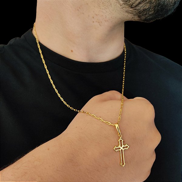 Cordão Cadeado Alongado 2mm Fecho Gaveta e Trava Banhado a Ouro 18K com Pingente Crucifixo