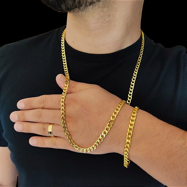 Cordão e Pulseira Grummet 6mm com Fecho Gaveta e Trava Banhado a Ouro 18K