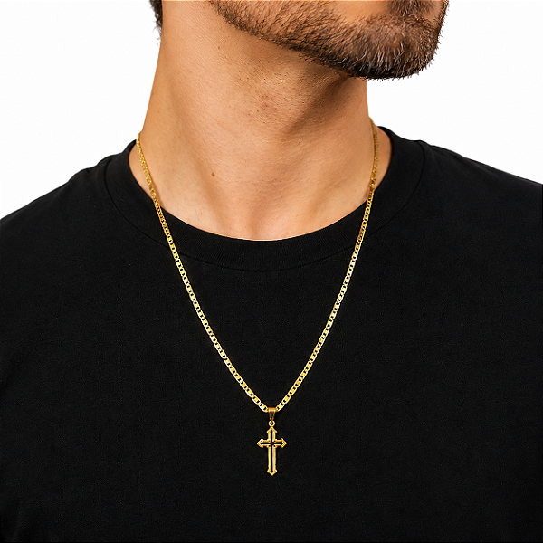 Cordão Italiano PIASTRINE 3mm Banhado a OURO 18K + Crucifixo Vitoriano