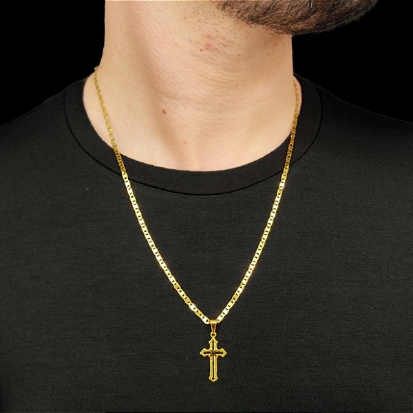 Cordão Italiano PIASTRINE 3mm Banhado a OURO 18K + Crucifixo Vitoriano
