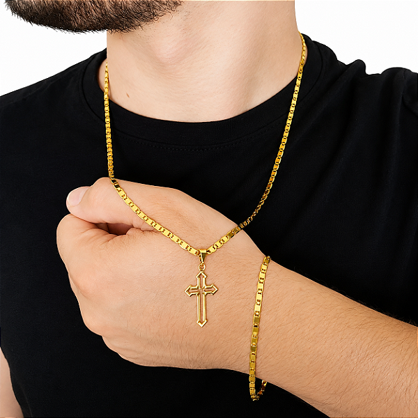 Cordão e Pulseira Italiana PIASTRINE 3mm Banhado a OURO 18K + Crucifixo Vitoriano
