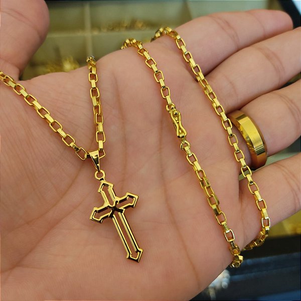 Cordão Tijolinho 70cm Banhado a Ouro 18K + Crucifixo Vitoriano - Le Griffes