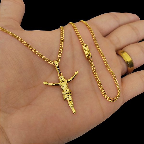 Cordão 2mm com fecho gaveta e trava Banhado a Ouro 18K + Crucifixo Jesus