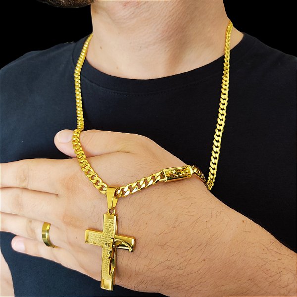 Cordão Grummet Fecho Gaveta e Trava Banhado a Ouro 18K + Pingente Alto Relevo