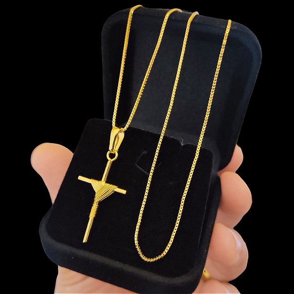 Cordão Veneziano 1,2mm Banhado a Ouro 18K com Pingente Cruz Amarrada