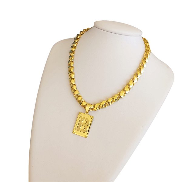 Cordão Friso S 8mm Feminino Banhado a Ouro 18K Com Pingente Letra