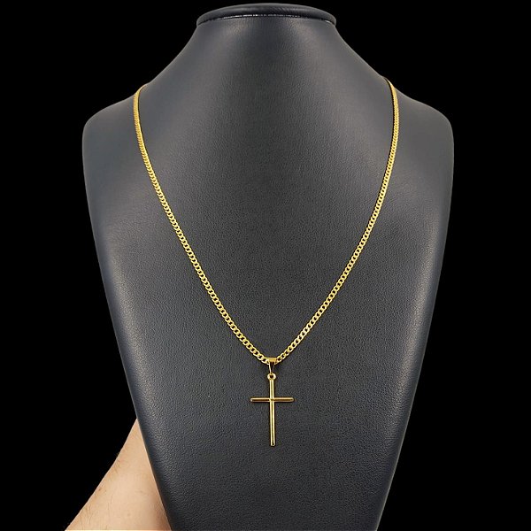 Cordão 2mm com fecho GAVETA e TRAVA Banhado a Ouro 18K + Pingente Crucifixo