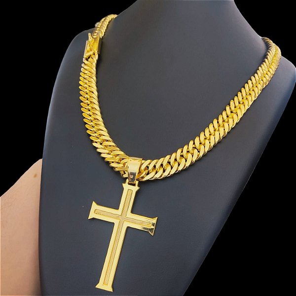 Cordão 13mm Grummet Lacraia Banhado a Ouro 18K + Pingente Cruz Templária