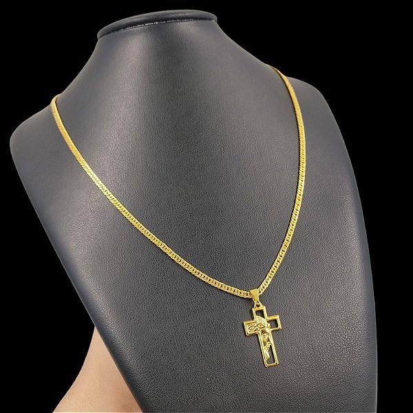 Cordão Grummet Duplo 3mm Banhado a Ouro 18K + Pingente Crucifixo Vazado