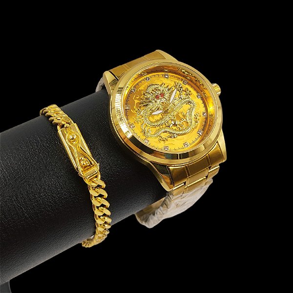 KIT: Relógio Dragão Original + Pulseira 6mm com TRAVA Banhada a Ouro 18K -  Le Griffes