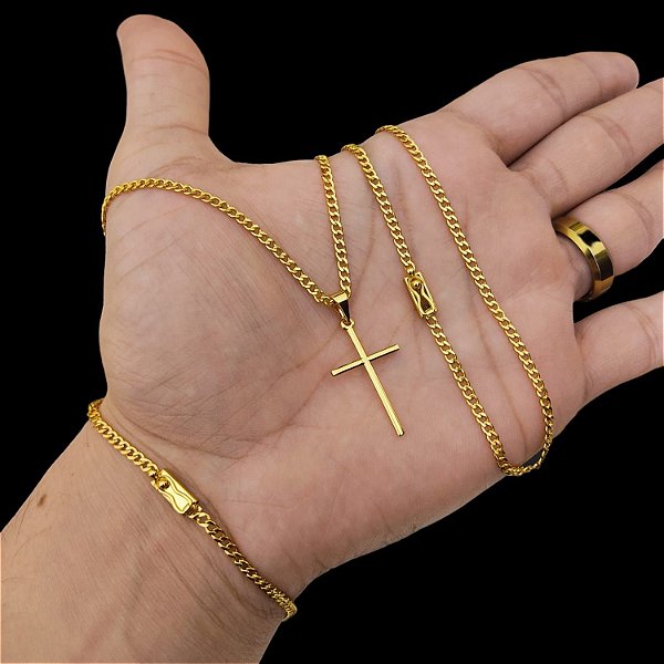 Cordão e Pulseira 2mm com fecho GAVETA e TRAVA Banhado a Ouro 18K + Pingente Crucifixo