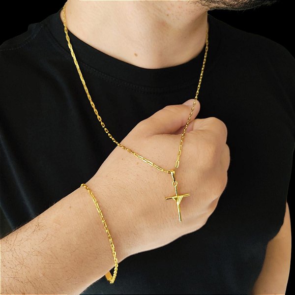 Cordão e Pulseira Cadeado Alongado Banhado a Ouro 18K + Pingente Cruz Amarrada