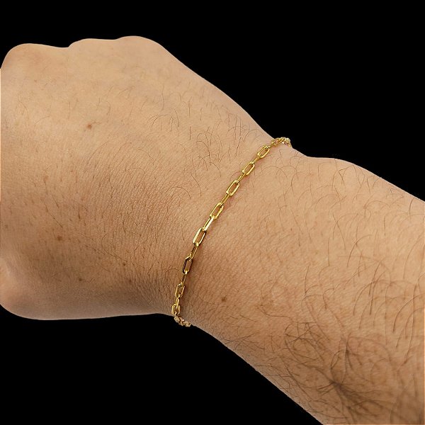 Pulseira Cadeado Alongado 2mm com FECHO GAVETA e Trava Banhado a ouro 18K