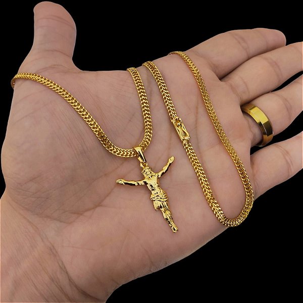 Cordão Laminado 4mm Banhado a Ouro 18K com Pingente Jesus