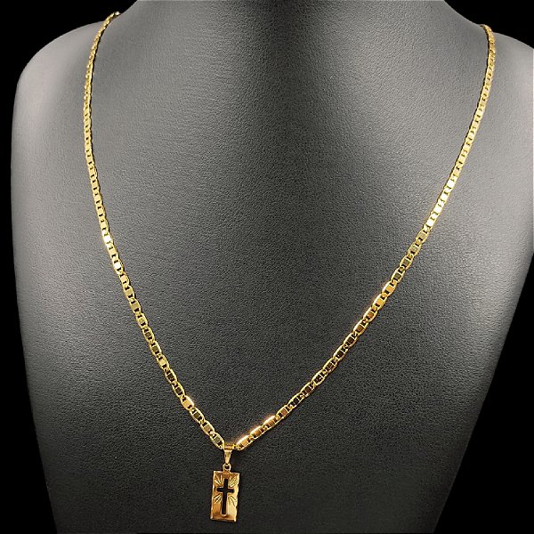Cordão Italiano Piastrine 3mm Banhado a Ouro 18K + Medalha Crucifixo