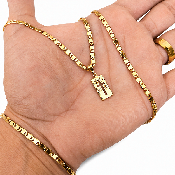 Cordão e Pulseira Italiana Piastrine com Medalha Crucifixo | Banhado a Ouro 18k