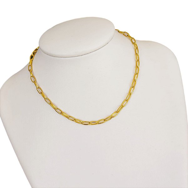 Cordão Feminino 5mm Elo Alongado com Fecho Cravejado Banhado a Ouro 18K
