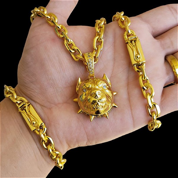 Cordão e Pulseira Cadeado 9mm Fecho Gaveta e Trava Banhado a Ouro 18K + Pingente PitBull Cravejado