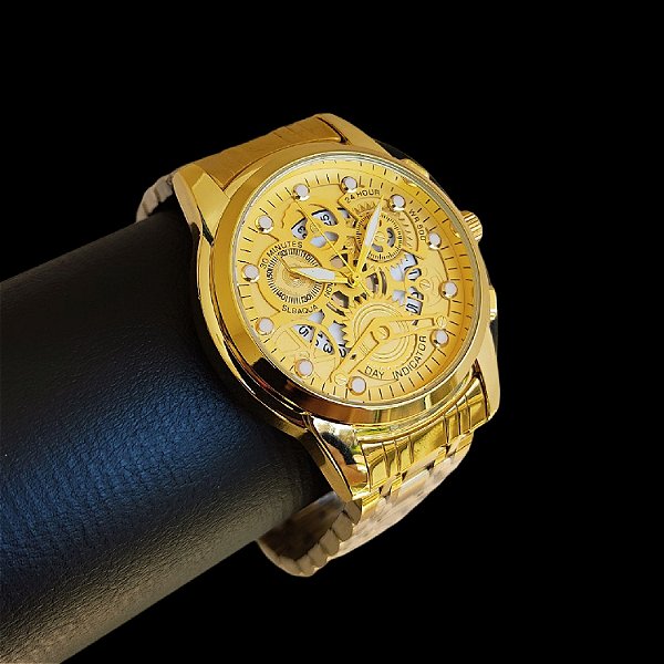 Relógio de Luxo Skeleton Prime Banhado a Ouro 18K