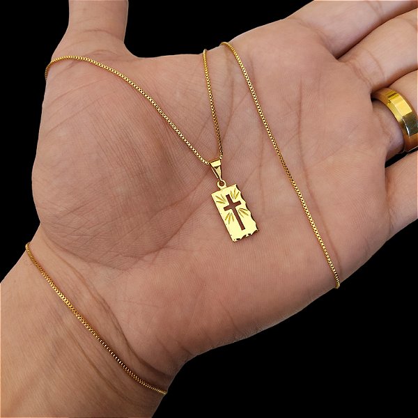 Cordão e Pulseira Veneziana Banhada a Ouro 18K + Medalha Crucifixo
