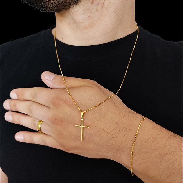 Cordão e Pulseira Veneziana Banhada a Ouro 18K + Cruz Palito