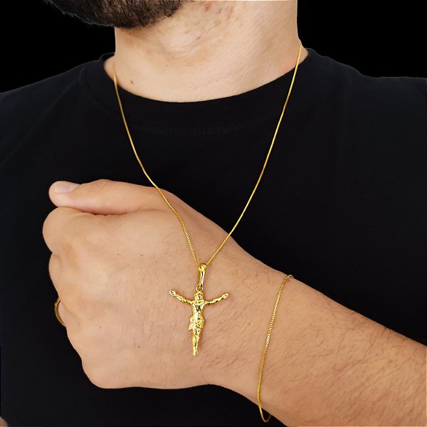 Cordão e Pulseira Veneziana Banhada a Ouro 18K + Pingente Jesus
