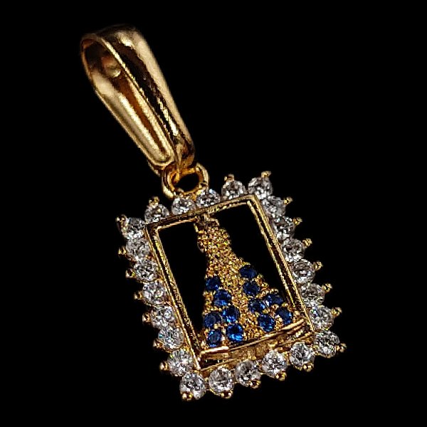 Pingente Nossa Senhora Cravejado Banhado a Ouro 18K com Zircônias Brancas e Azul