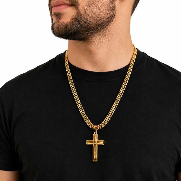 Cordão Laminado Duplo 10mm Banhado a Ouro 18K + Pingente Cruz Alto Relevo