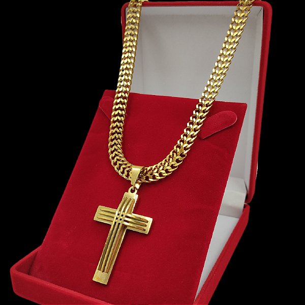 Cordão Laminado Duplo 10mm Banhado a Ouro 18K + Pingente Cruz Alto Relevo