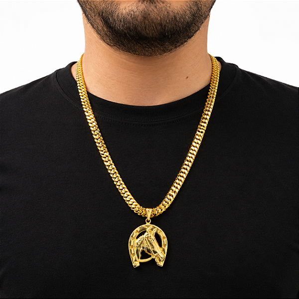 Cordão Laminado Duplo 10mm Banhado a Ouro 18K com Pingente Ferradura