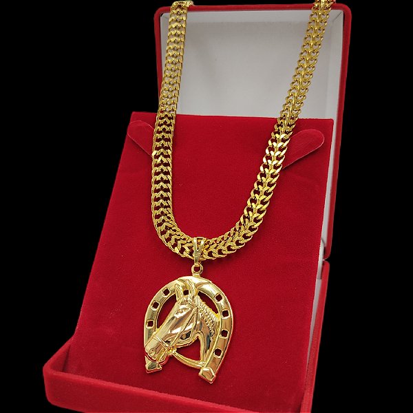 Cordão Laminado duplo 10mm Banhado a Ouro 18K + Pingente Ferradura