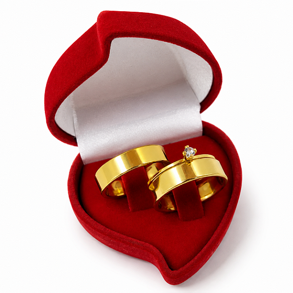 Par de Alianças 6mm RETA Banhado a Ouro 18K + Solitário com Pedra de Zircônia