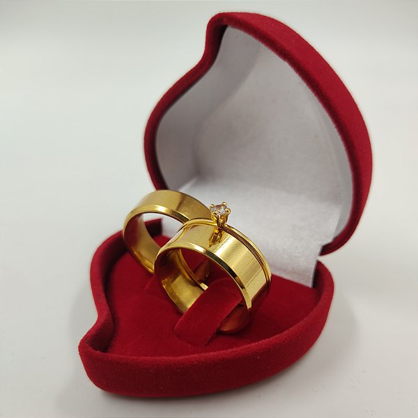 Par de Alianças Chanfradas 8mm Banhado a Ouro 18K + Solitário com pedra de Zircônia