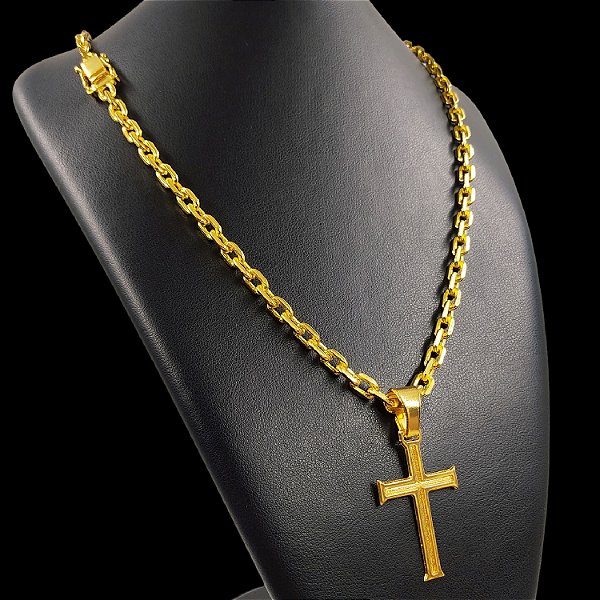 Cordão Cadeado 6mm com Fecho Duplo Banhado a Ouro 18K + Pingente Templário