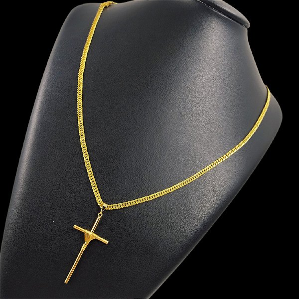 Cordão 3mm 70cm Fecho Duplo 750 Banhado a Ouro 18K + Pingente Cruz Amarrada
