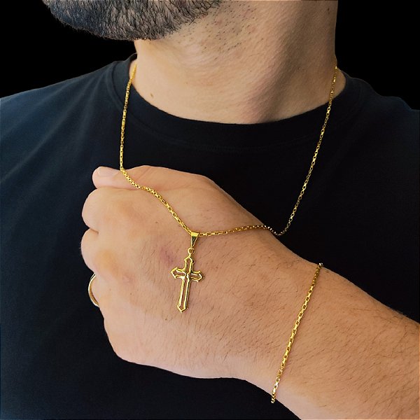 Cordão e Pulseira Cubinho 2mm Banhado a Ouro 18K + Pingente Vitoriano