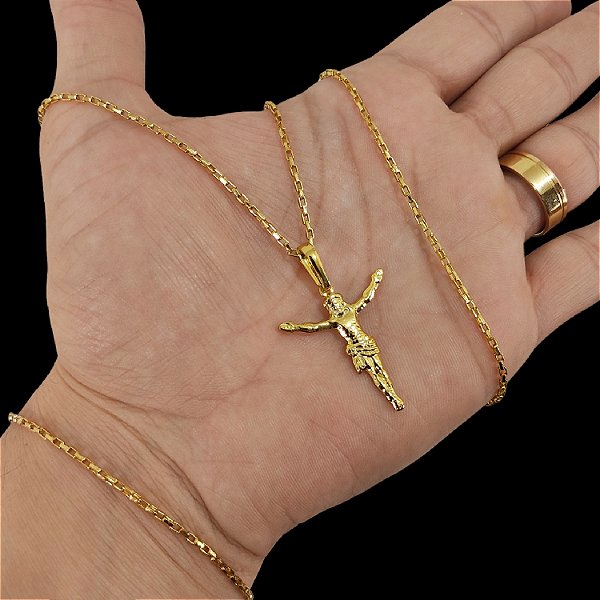 Cordão e Pulseira Cubinho 2mm Banhado a Ouro 18K + Pingente Jesus