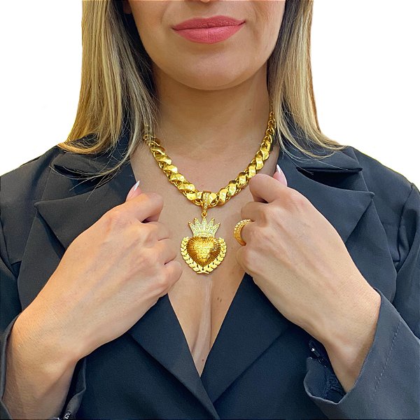 Cordão Feminino Friso S 12mm Banhado a Ouro 18K + Pingente Jesus é o Dono