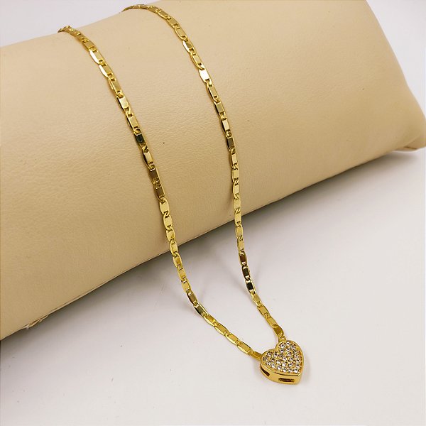 Cordão Infantil Piastrine Feminino Banhado a Ouro 18K + Coração Cravejado