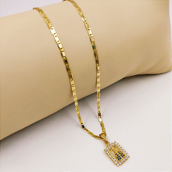 Cordão Infantil Piastrine Feminino Banhado a Ouro 18K + Nossa Senhora Cravejado