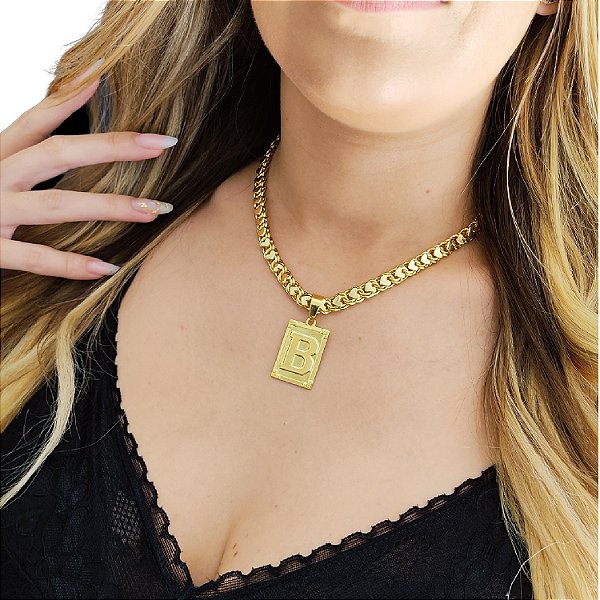 Cordão Feminino Friso Coração 8mm com Fecho Duplo + Pingente Letra
