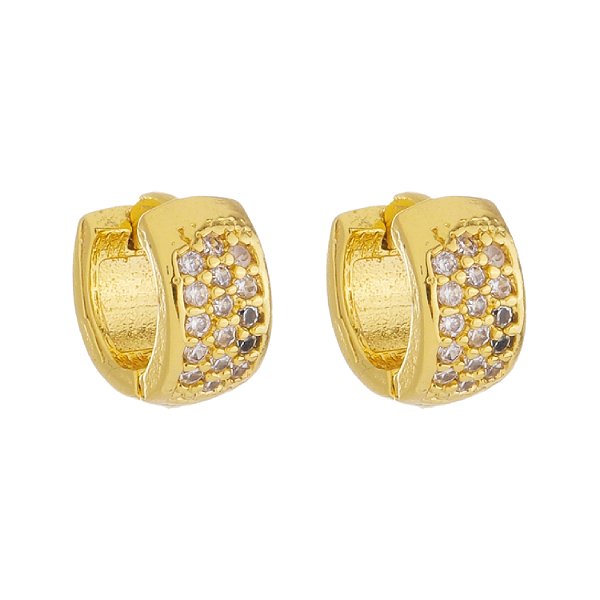 Par de Brincos Argola Médio Masculino Cravejado 3 Fileiras Banhado a Ouro 18K