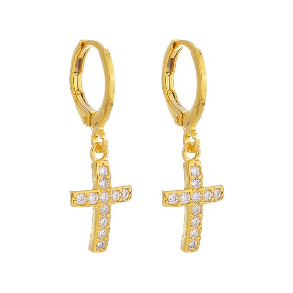 Par de Brincos Masculinos Argola e Cruz Cravejadas Banhado a Ouro 18K