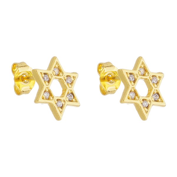 Par de Brincos Masculinos Estrela de Davi 6 Pontas Cravejado Banhado a Ouro 18K